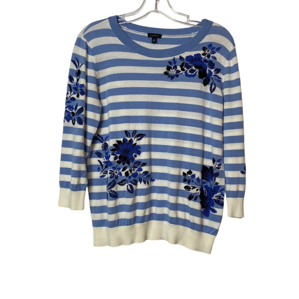 TALBOTS Sweater Women's M Blue Stripe Cotton Long Sleeve Flower Print